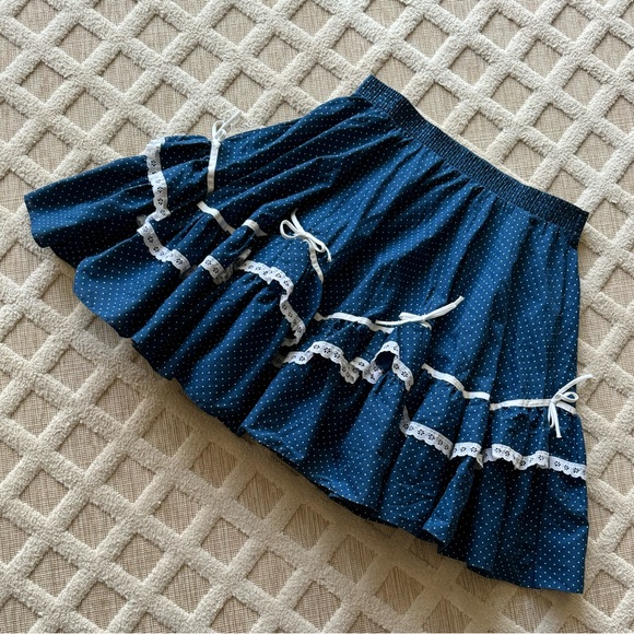 Vintage Partners Please Ruffled Square Dance Navy Blue Polka Dot Skirt Size S - Picture 2 of 14